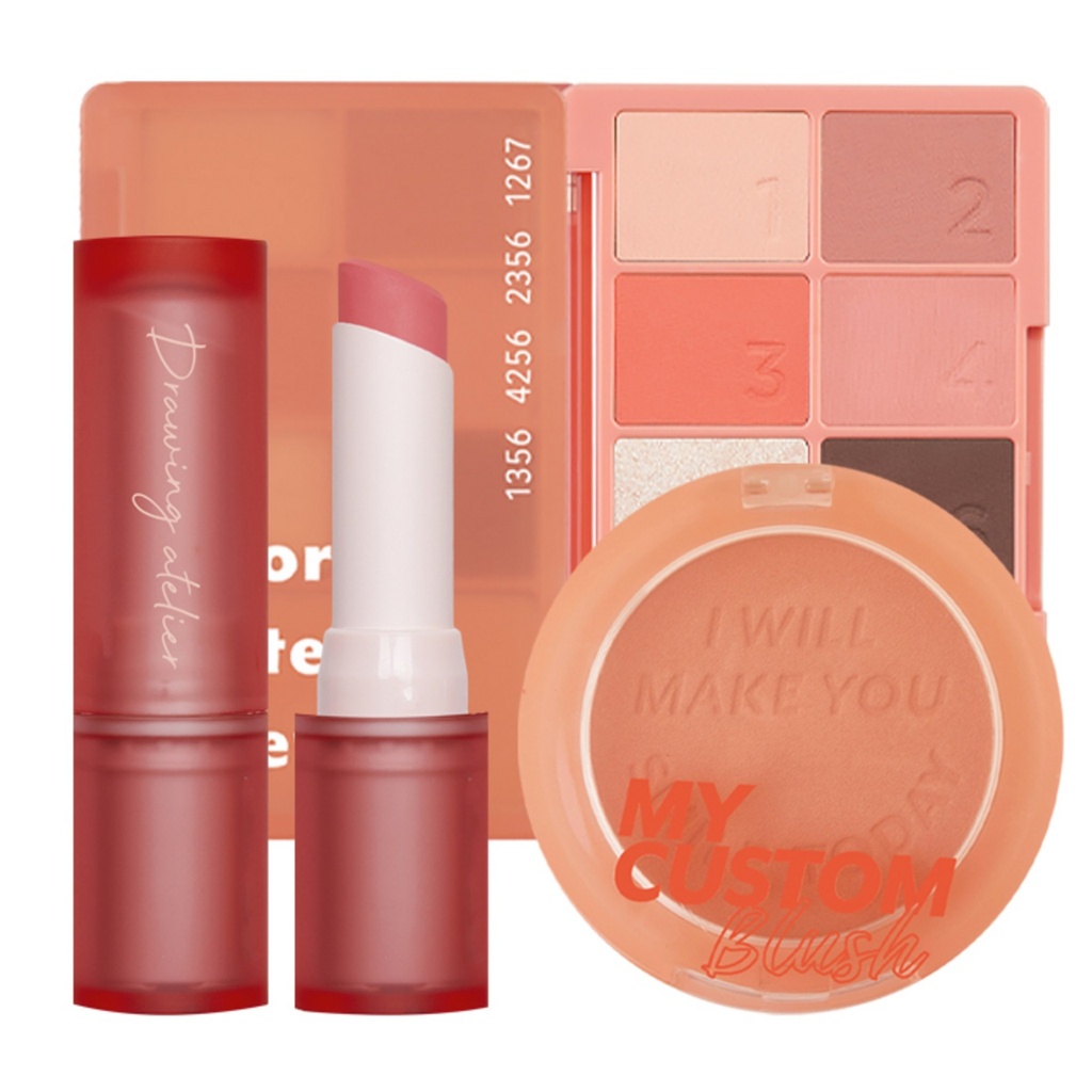 I'M MEME Valentine Fresh Juicy Spring Warm Tone Makeup Palette 01 Coral Pattern + Blush 02 Bare Peach 6g + Lipstick 07 Koji 3.5g Set