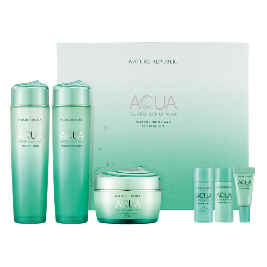 Nature Republic Super Aqua Max Moisture Toner 150ml + 20ml + Emulsion 150ml + 20ml + Cream 80ml + Essence 5ml