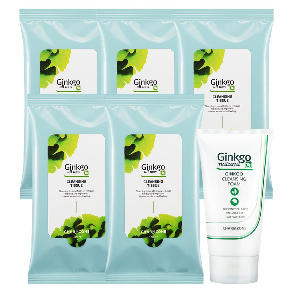 Charm Zone Ginkgo All New Cleansing Tissue 10 sheets x 5pcs + Ginkgo Cleansing Foam 40ml