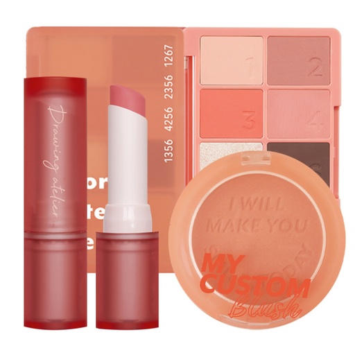 [SKU_2WVVZC5_644B6AS] I'M MEME Valentine Fresh Juicy Spring Warm Tone Makeup Palette 01 Coral Pattern + Blush 02 Bare Peach 6g + Lipstick 07 Koji 3.5g Set